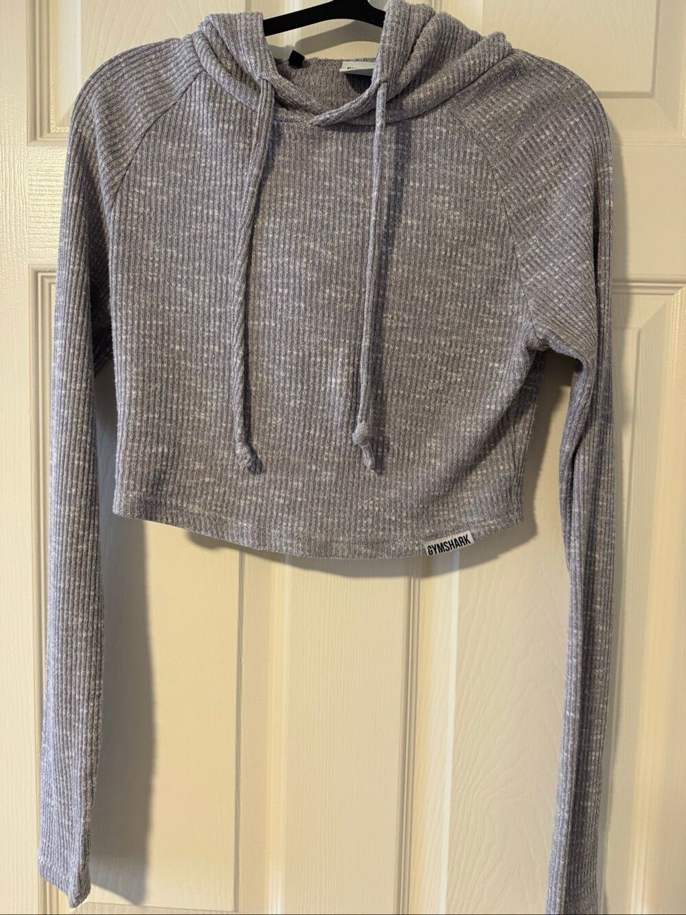 Gymshark Grey Marl Ribbed Knit Cropped Hoodie Women’s Medium Thumbholes